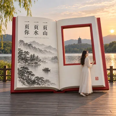 翻开的书 — 书翻到这页，窗里的塔和湖都是真的。
