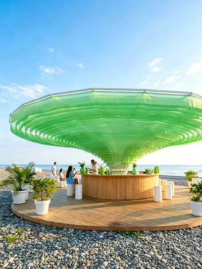 绿伞酒水台 — 一朵绿色的伞，罩住海边的整个黄昏。