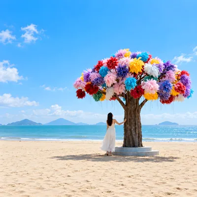 永远开花的树 — 一棵永远开花的树，站在海边等人合影。