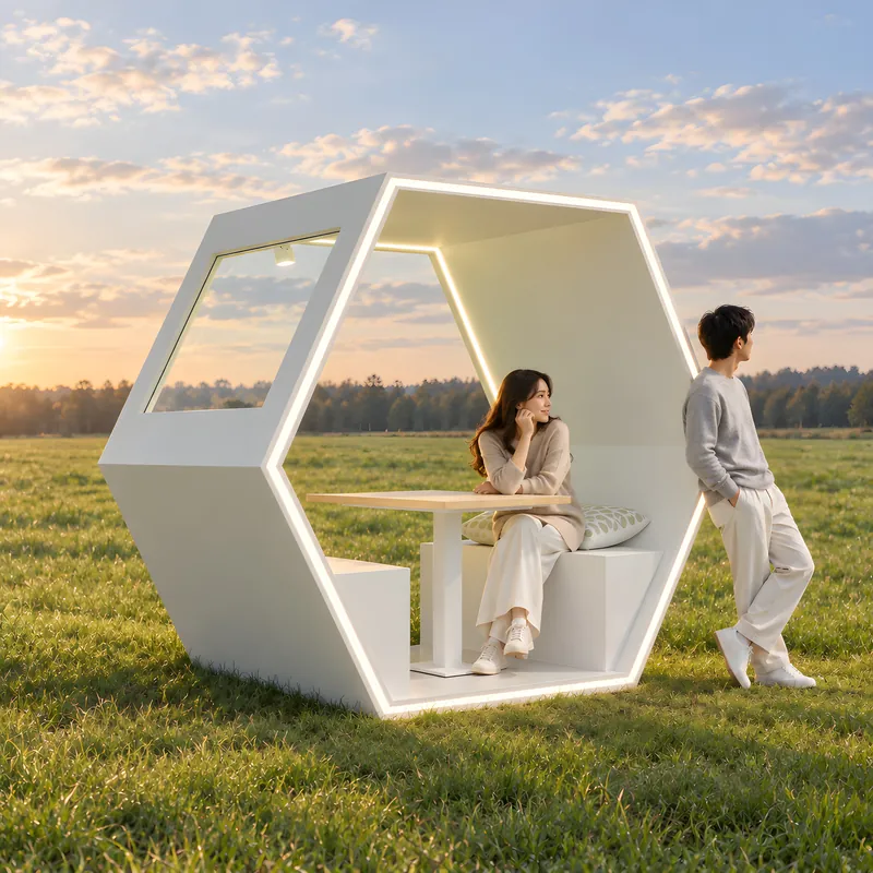 White hexagon — A white hexagon; sit inside and you are the picture.