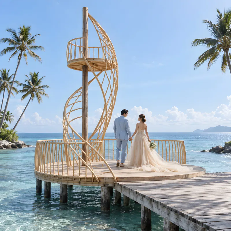 The bamboo spiral — Thirty strips of bamboo twisted into a gust. Step inside, and the sea turns with it.