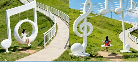 Music-note-themed swings beside a grassy slope.
