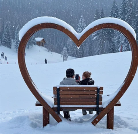 A heart-shaped photo frame with a bench in the snow.