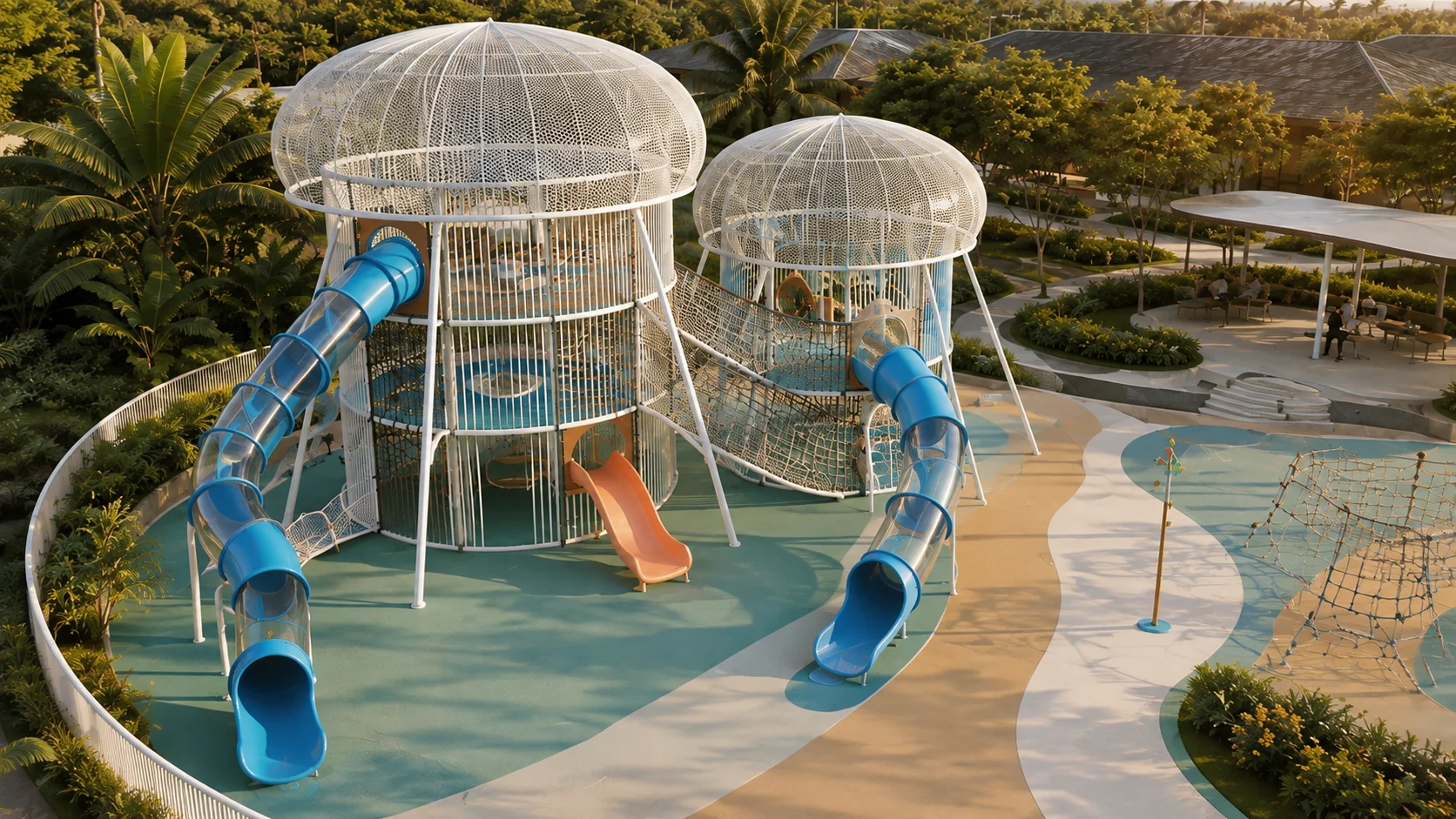 Concept rendering of a tropical playground with climbing towers, slides, swings and seating