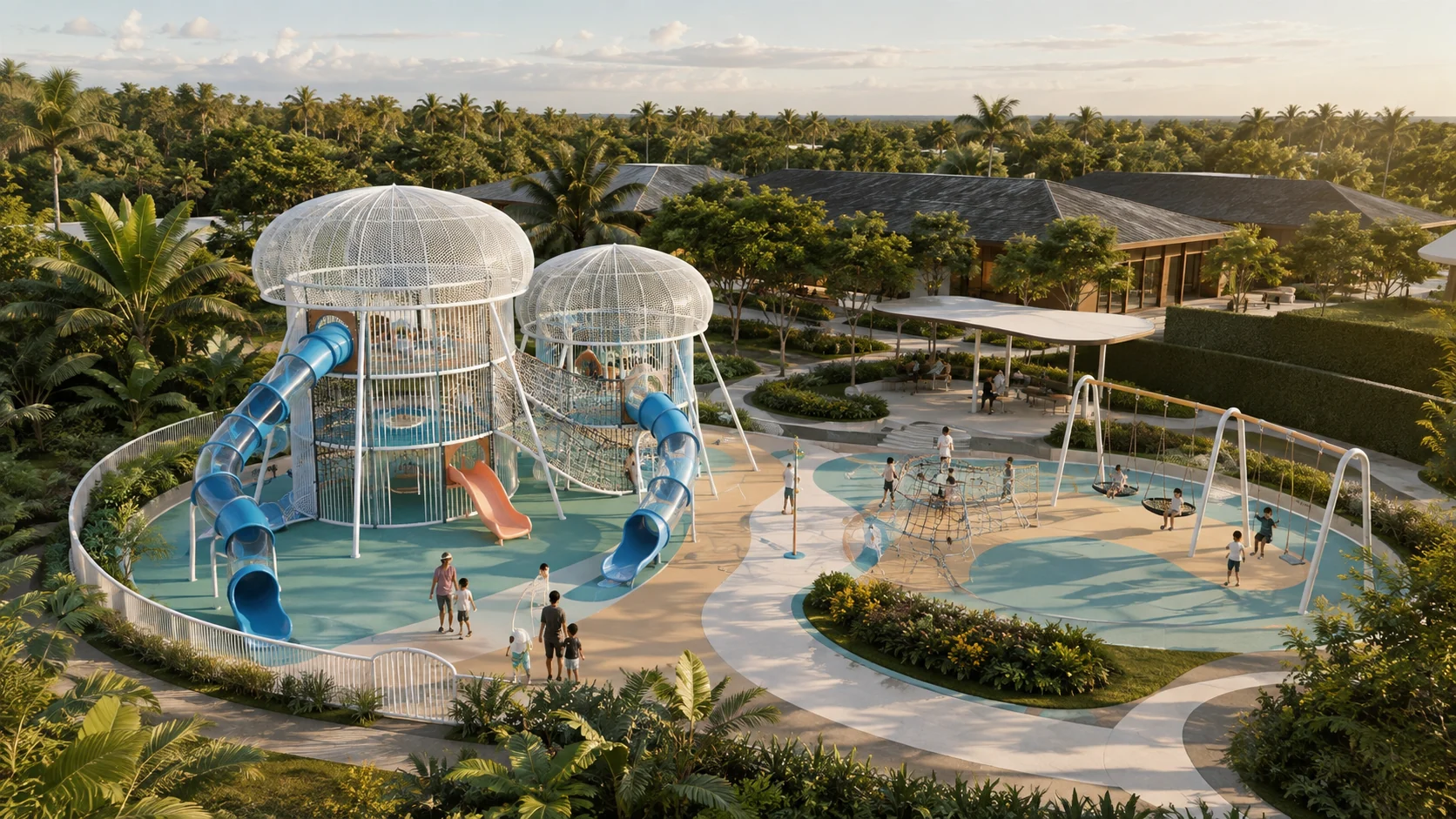 Concept rendering of a tropical playground with climbing towers, slides, swings and seating