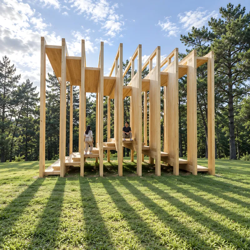 Timber lattice pavilion — Sun through the slats, and the whole day is drawn on the ground.